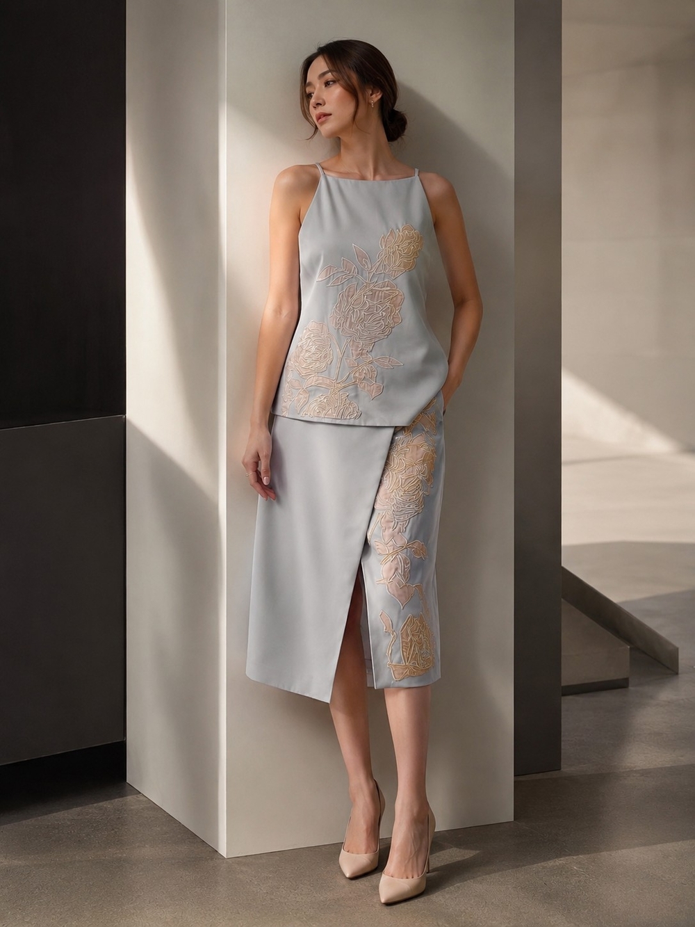 Few Moda Embroidered Floral Two Piece Set M | Asymmetrical Midi Skirt Co-O